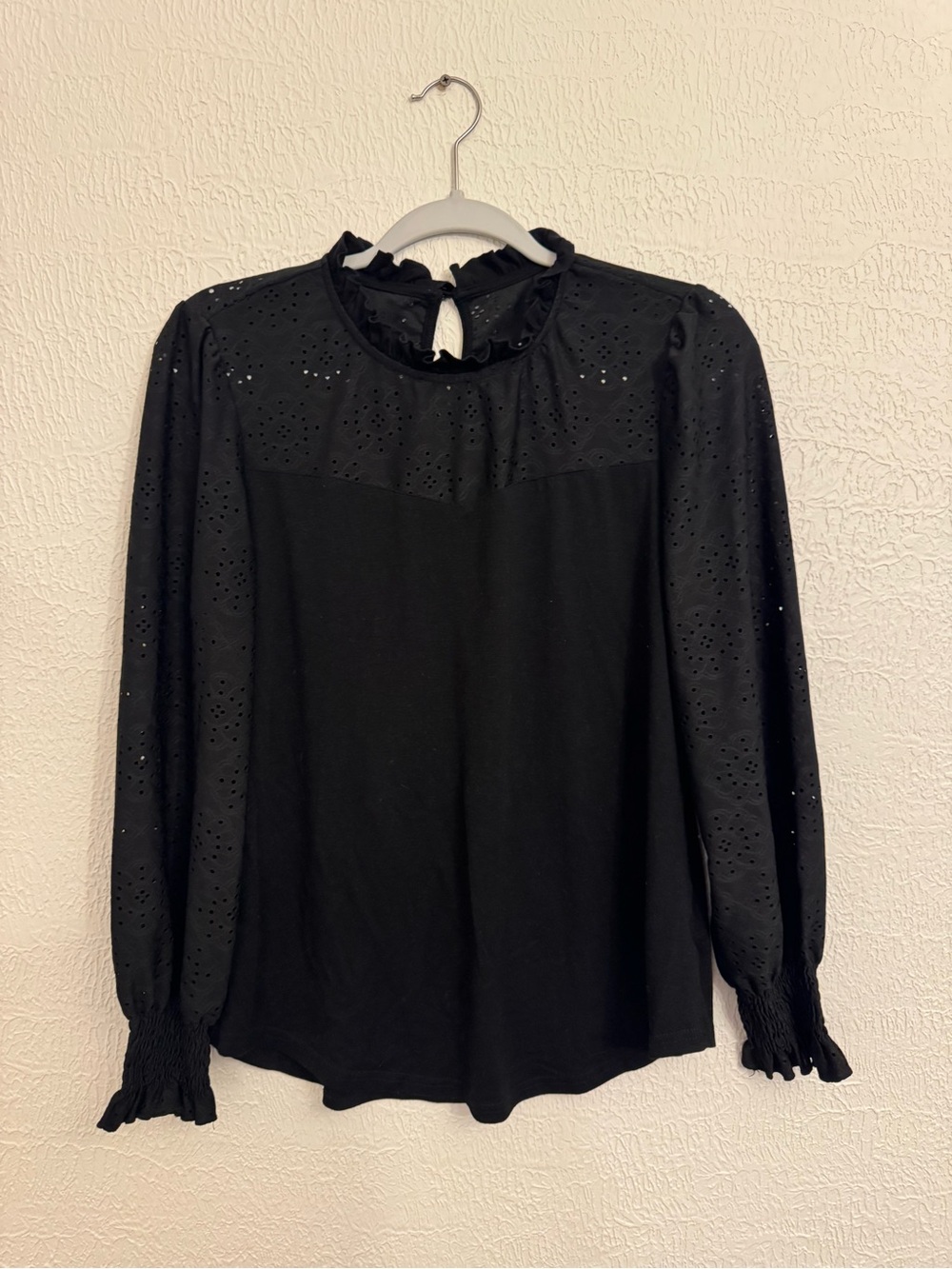 Black Eyelet Long-Sleeve Ruffle Neck Blouse